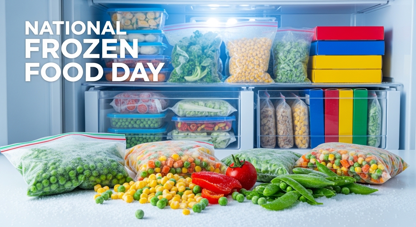 National Frozen Food Day. Assorted Frozen Vegetables and Prepared Meals in Freezer Organization - Featured Image 175