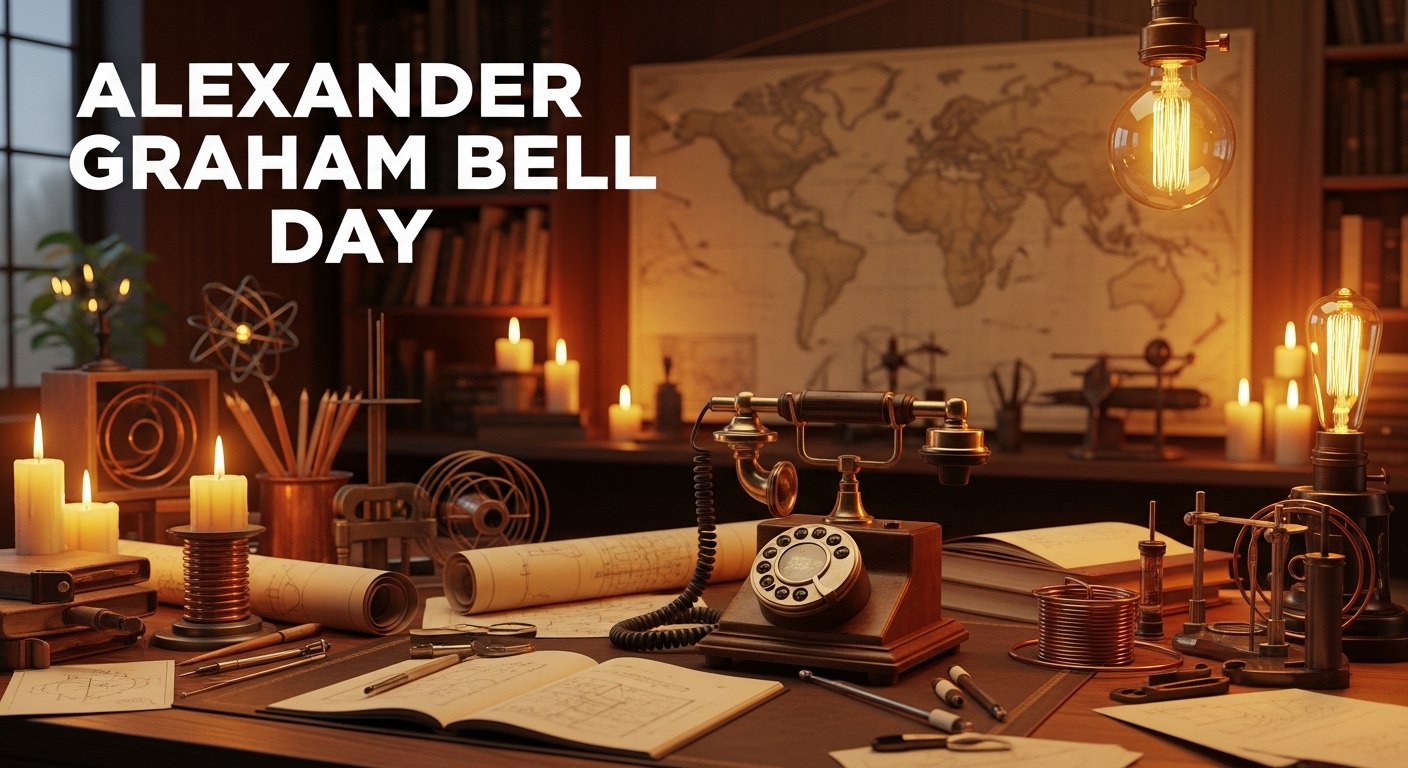 Alexander Graham Bell Day: Vintage Desk with Telephone and Scientific Tools - Featured Image 183