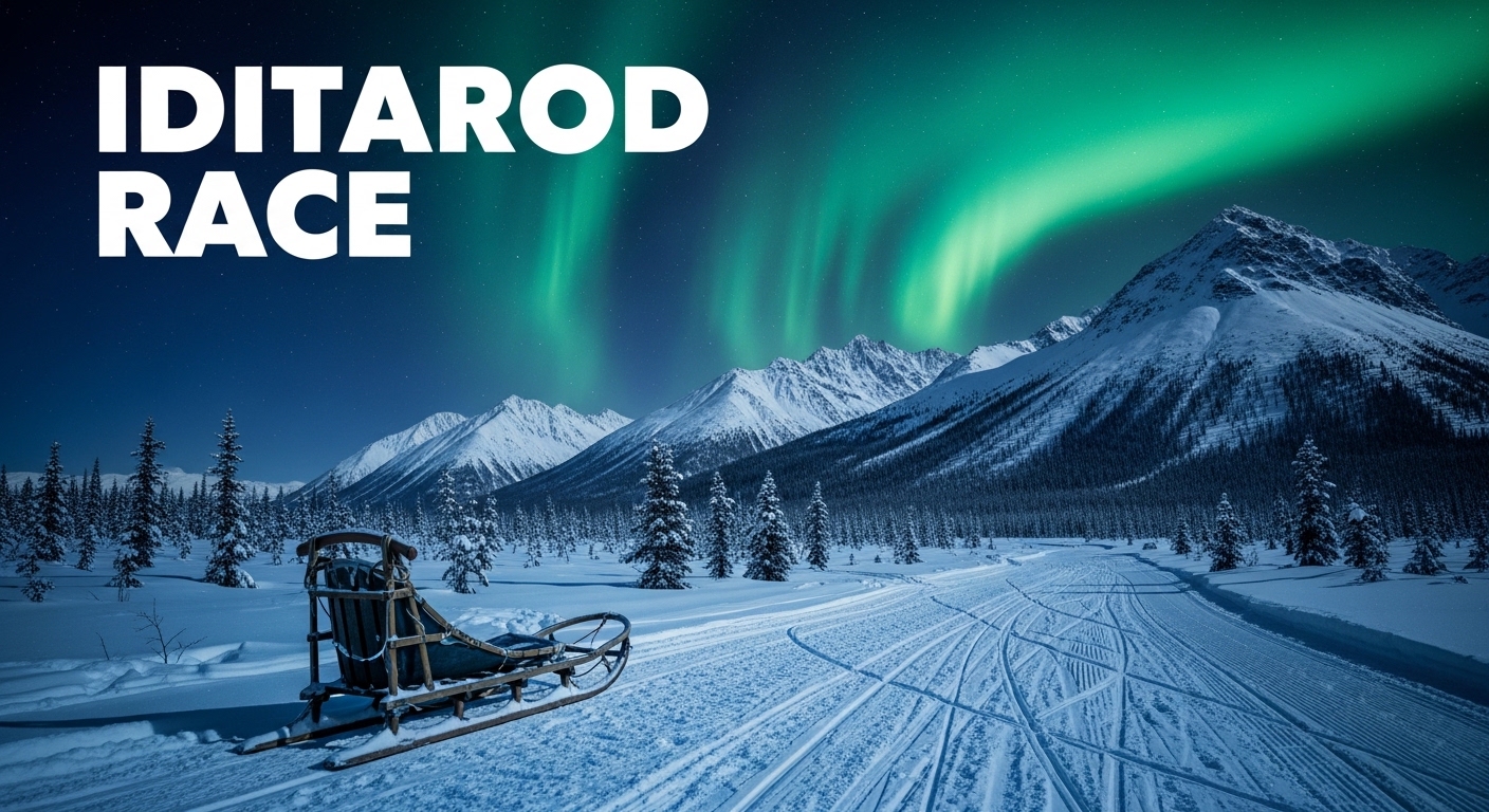 Iditarod Race Winter Trail Sled & Northern Lights Alaska Landscape - Featured Image 191