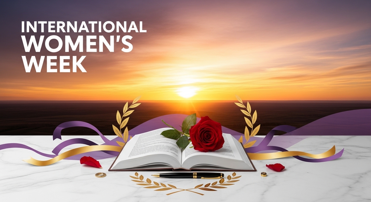 International Women's Week: Open book with rose, pen, and sunset backdrop. - Featured Image 192