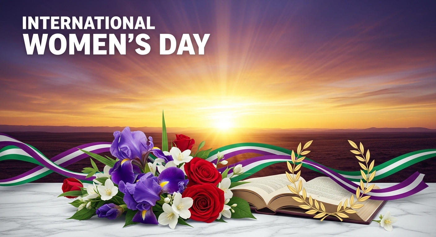 International Women's Day. March 8 celebration with flowers, book, laurel, and sunset. - Featured Image 195