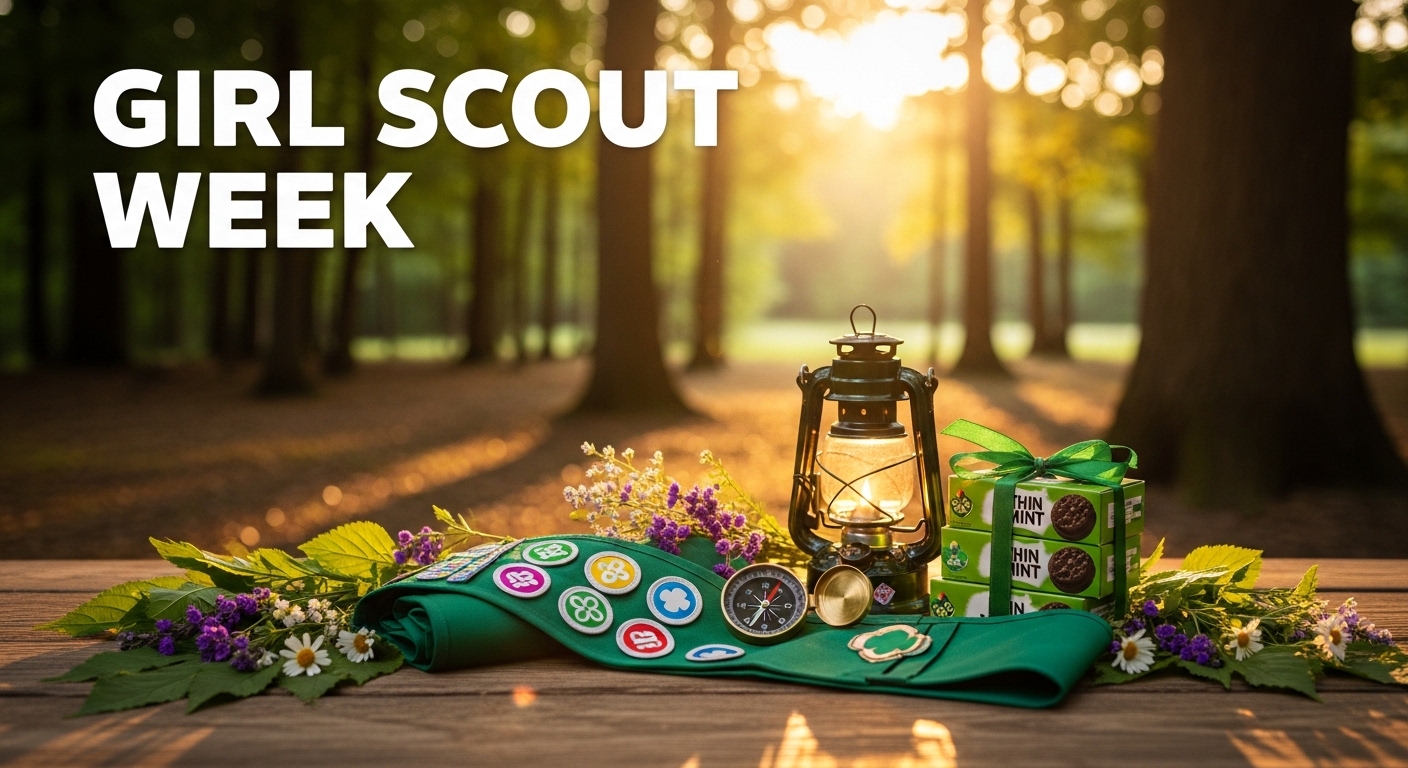 Girl Scout Week Celebration: Sash, Badges, Lantern, Cookies, Compass in Sunny Woodland - Featured Image 201