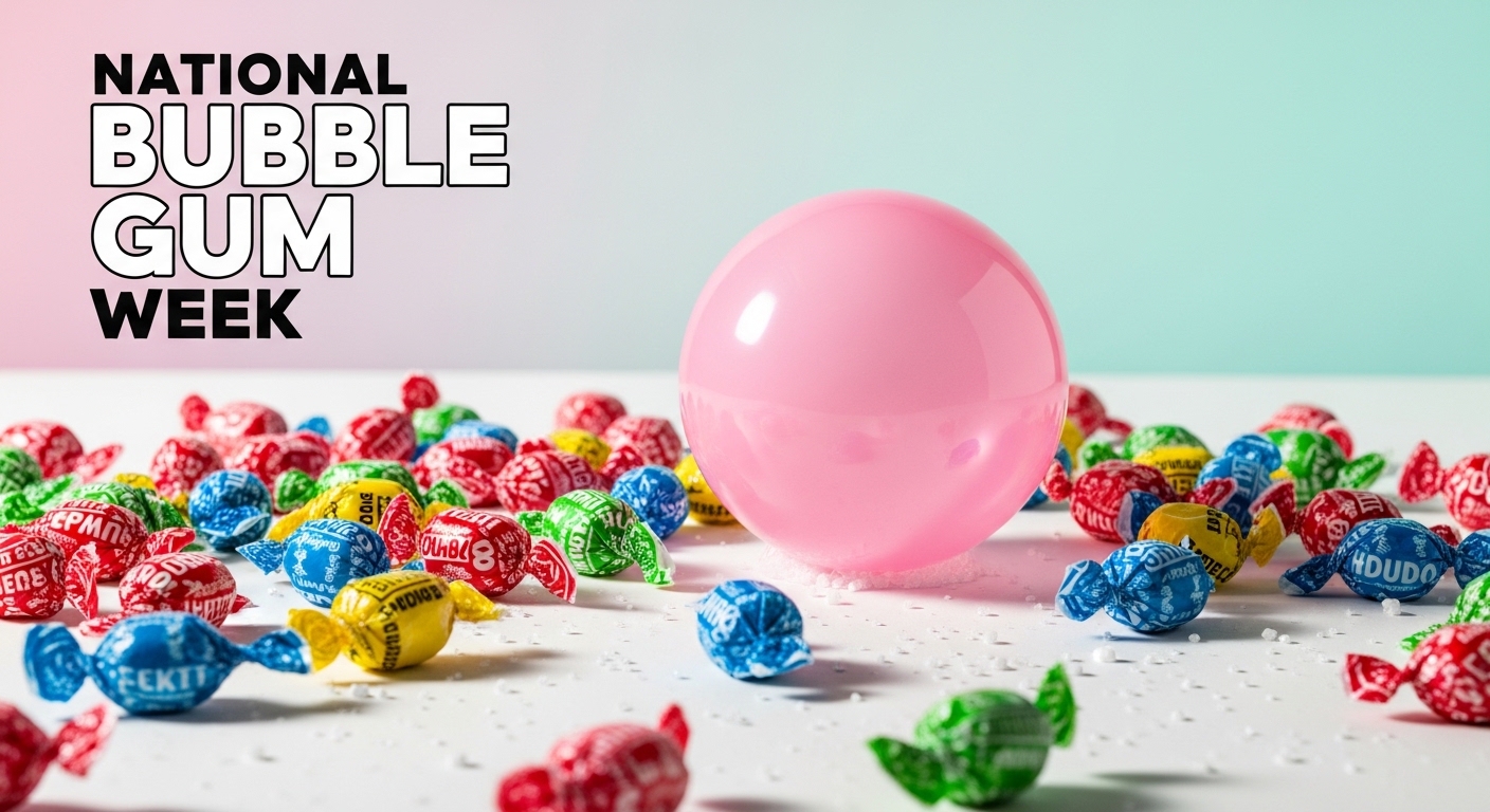 National Bubble Gum Week Concept with Pink Bubble and Wrapped Candies - Featured Image 202