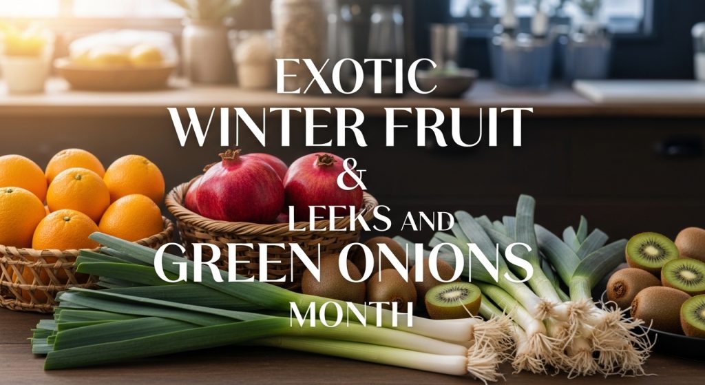 Fresh Winter Produce: Oranges, Pomegranates, Kiwis, Leeks, and Green Onions on Kitchen Counter - Featured Image 49