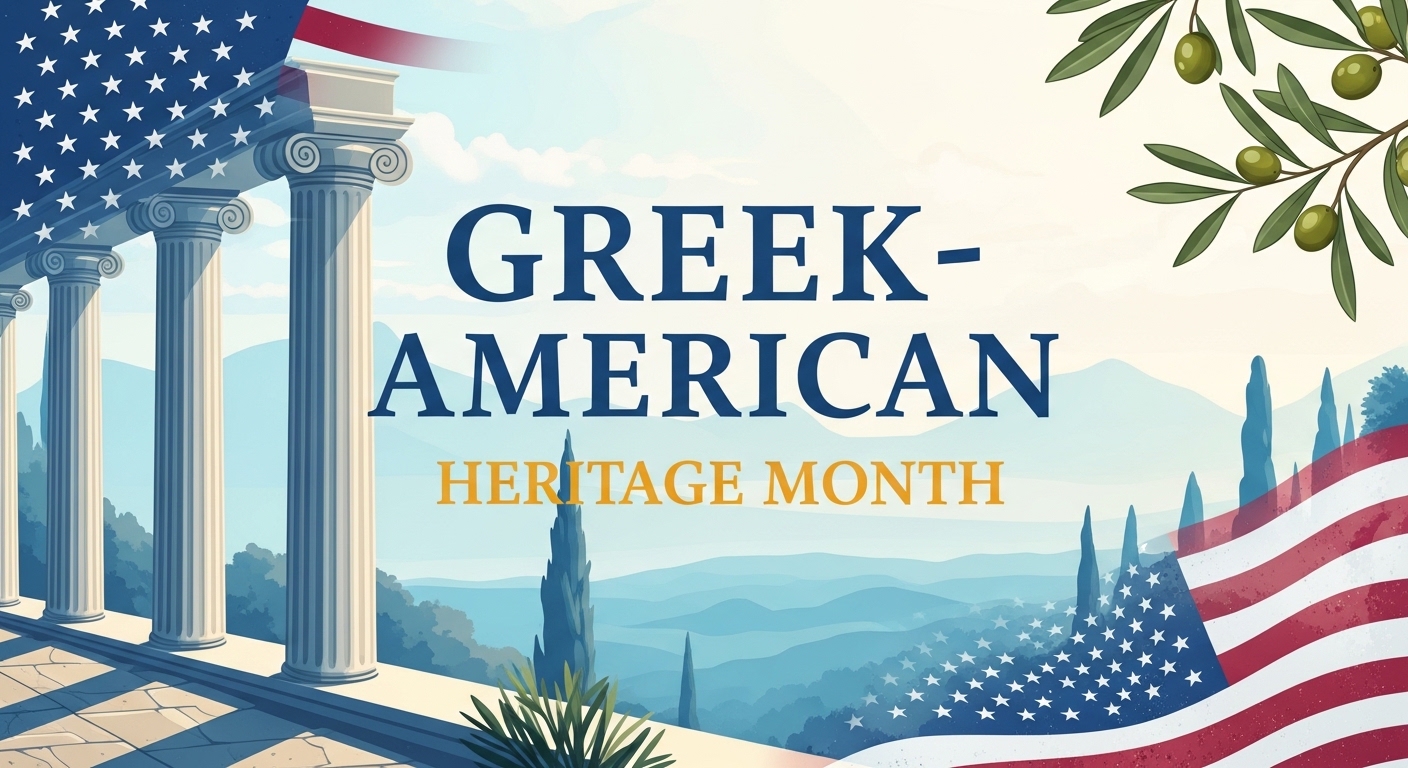 Greek-American Heritage Month: US Flag, Columns, and Olive Branches on a Scenic Background - Featured Image 55