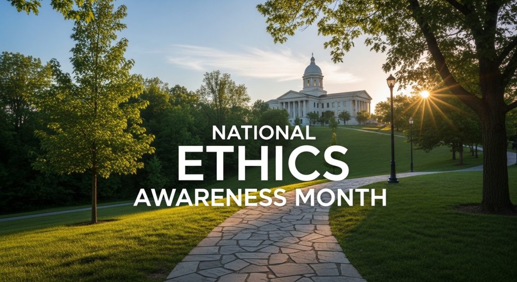 National Ethics Awareness Month Text on Classical Building, Green Park, and Sunset Glow - Featured Image 72