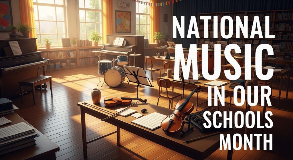 Sunlit Music Classroom with Instruments for Education: Piano, Drums, Violins - Featured Image 76