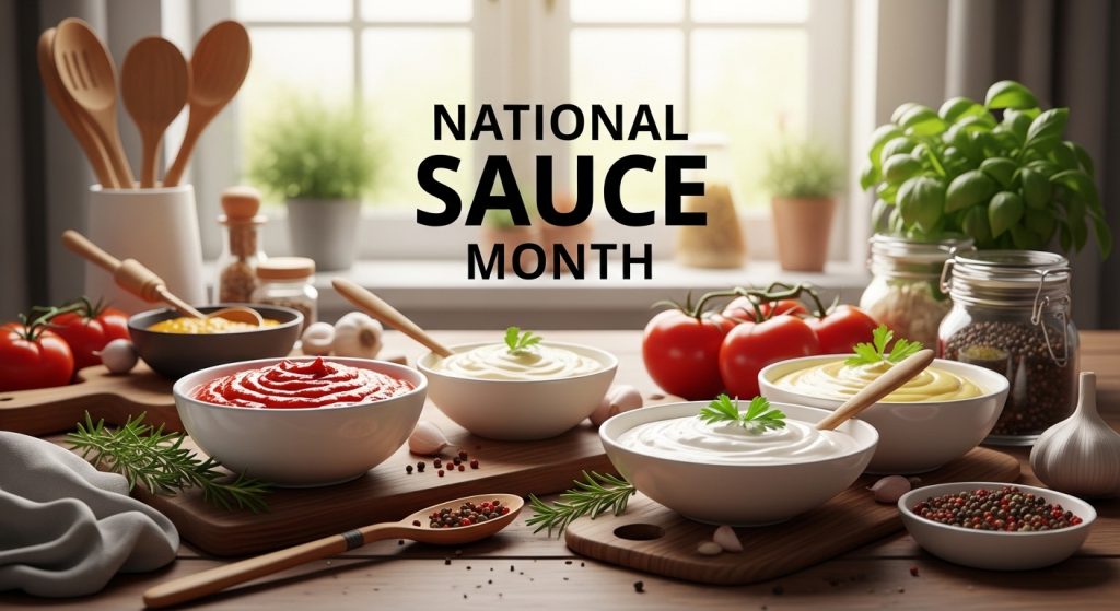 National Sauce Month. Variety of flavorful condiments, fresh tomatoes, herbs, and spices on a kitchen table. - Featured Image 82