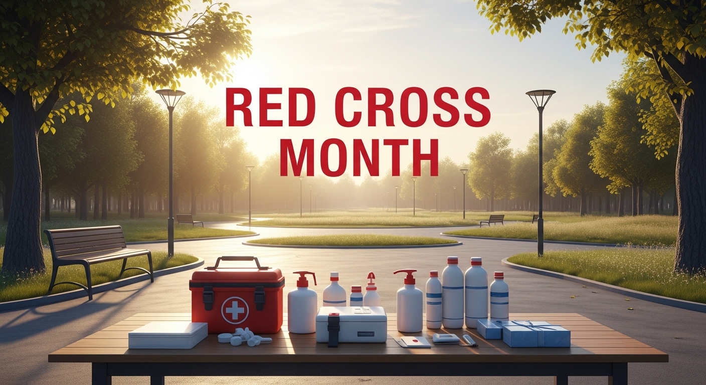 Red Cross Month Awareness. First Aid Supplies and Medical Preparedness on Display in a Serene Park. - Featured Image 88