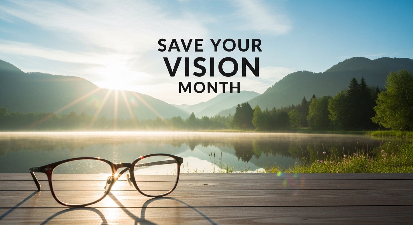 Save Your Vision Month: Eye Care & Wellness. Eyeglasses on Deck, Misty Lake & Mountain Sunrise. - Featured Image 89