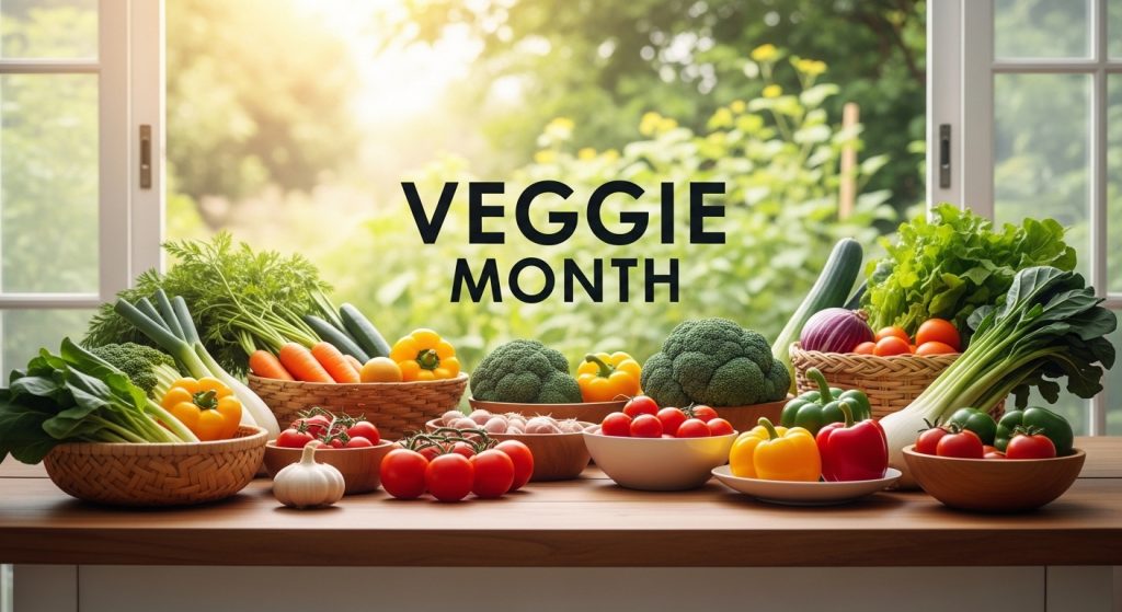 Veggie Month Celebration: Abundant Fresh Vegetables on Kitchen Counter with Sunny Window Background - Featured Image 95