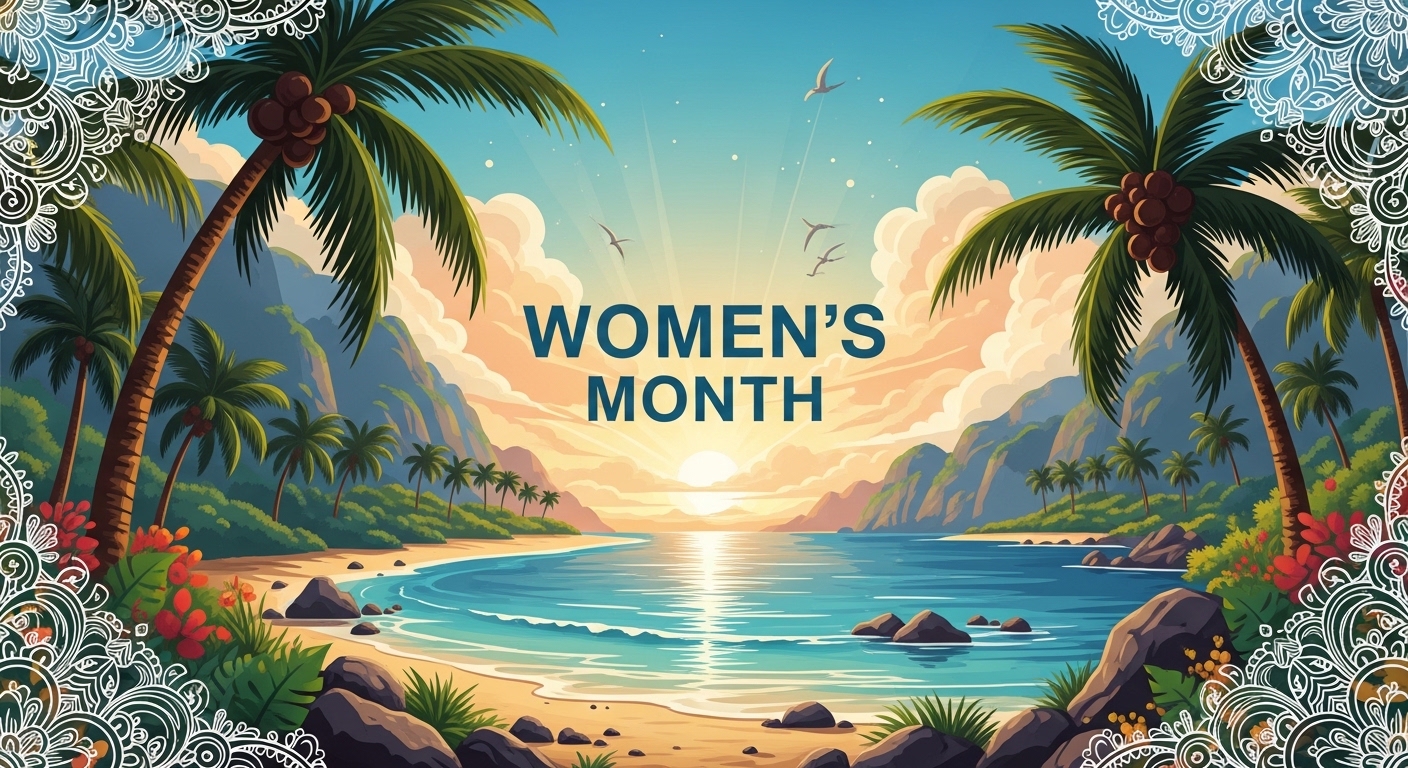Women's Month Tropical Celebration Background with Sunset Beach and Decorative Border - Featured Image 96