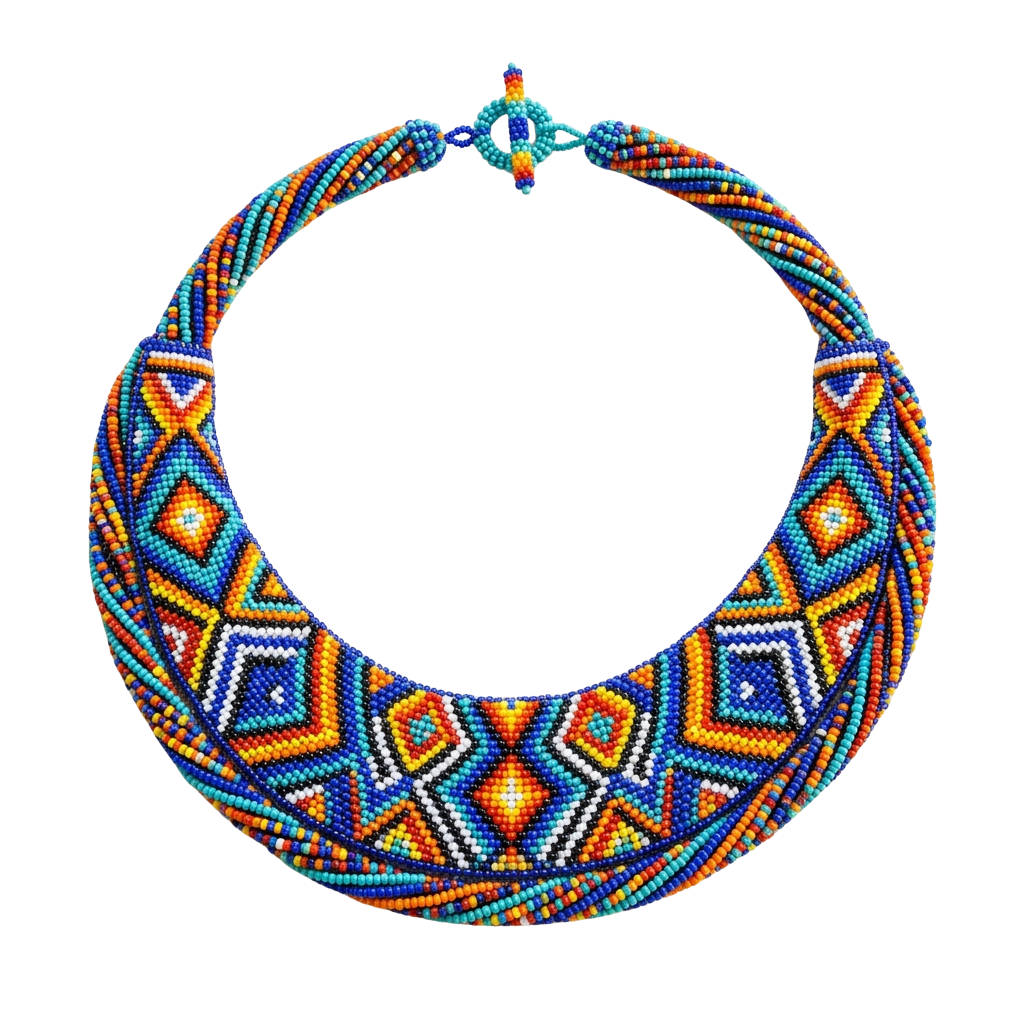 A vibrant beaded necklace featuring intricate geometric designs in bright colors including blue, orange, yellow, and white