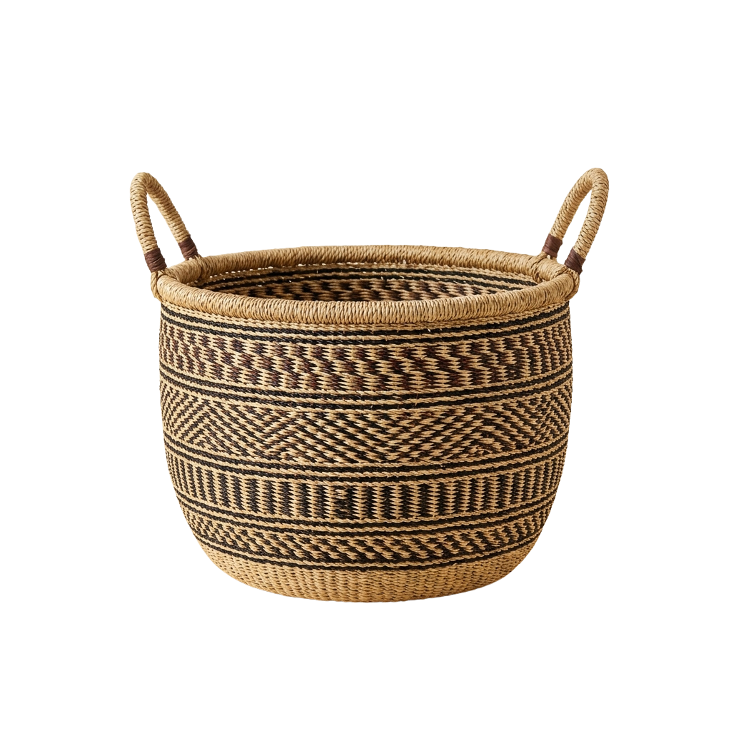 A light-colored woven basket with intricate black geometric patterns and two sturdy handles for carrying.