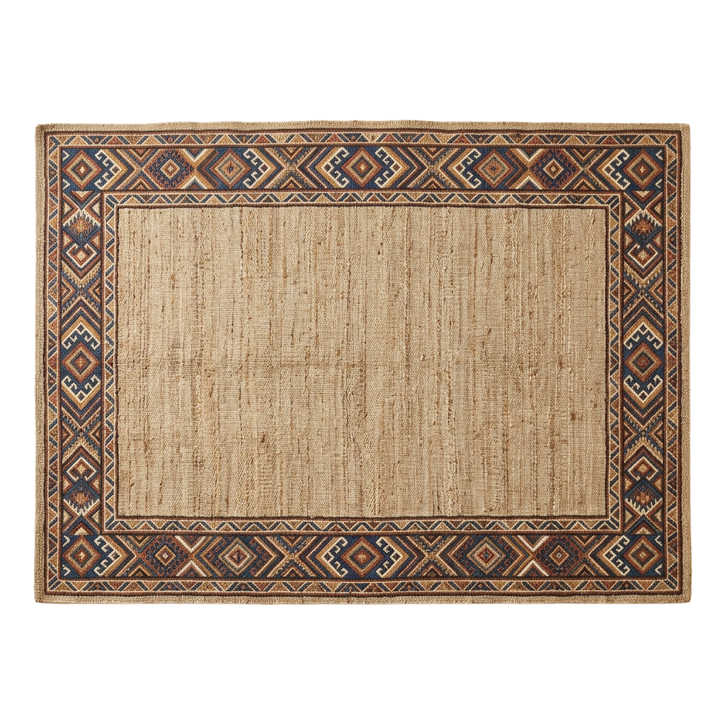 A rectangular beige rug with a plain center and intricate geometric patterned border in earthy tones