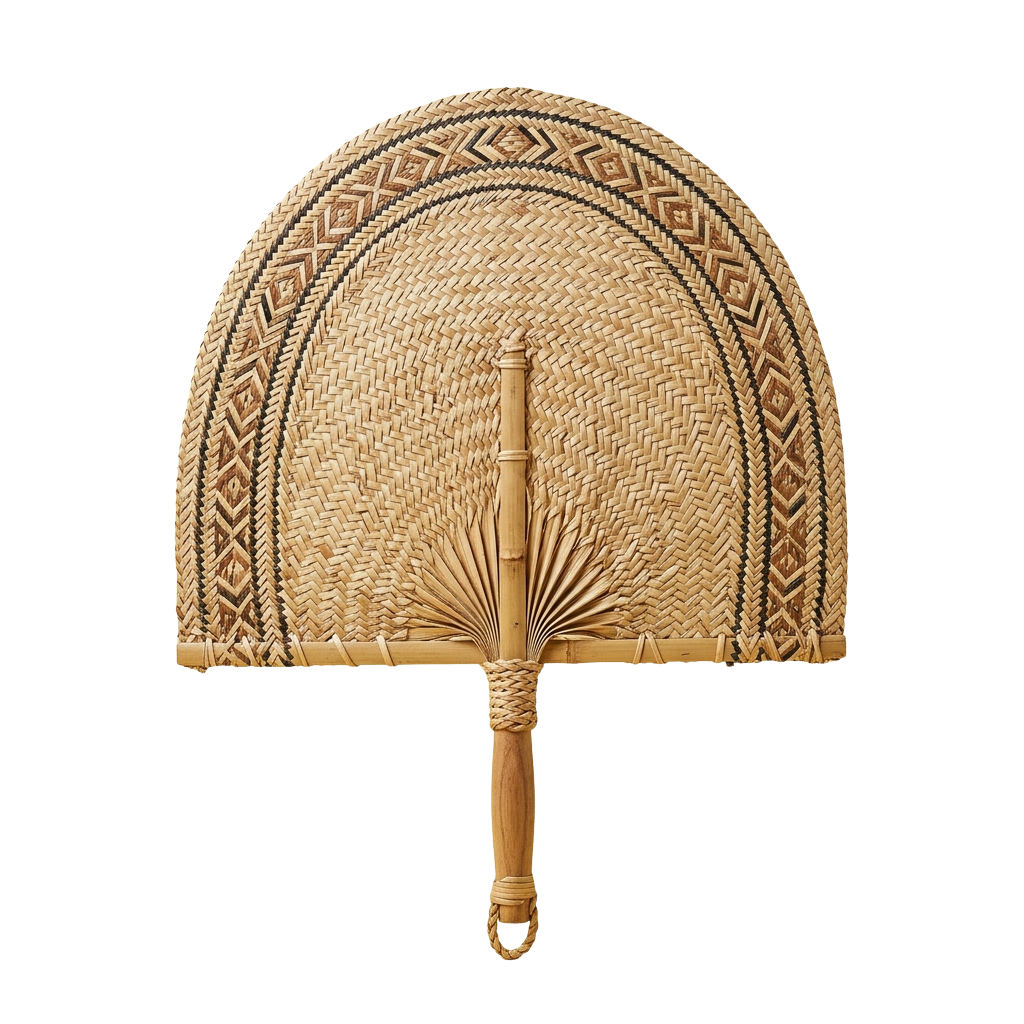 Handcrafted palm leaf fan featuring woven patterns and a bamboo handle