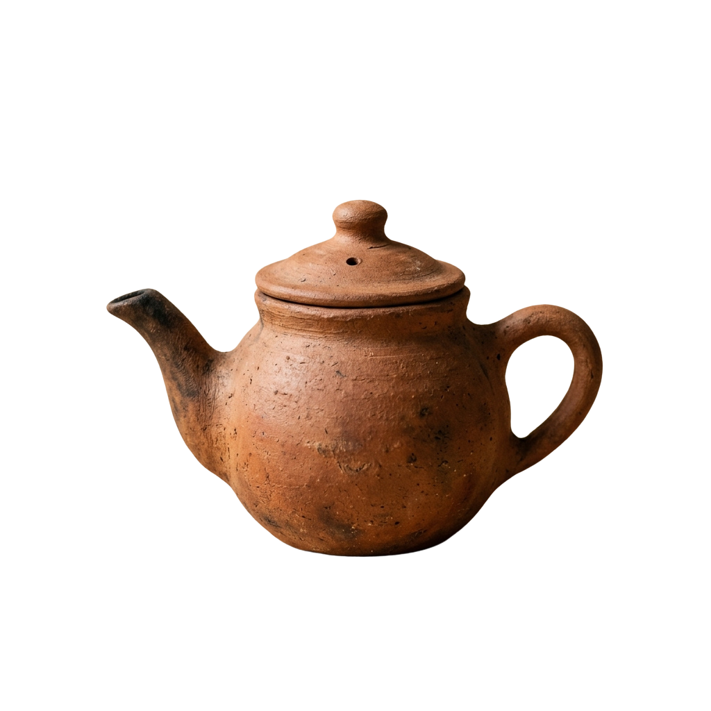 An old terracotta teapot with a lid and handle against a dark background