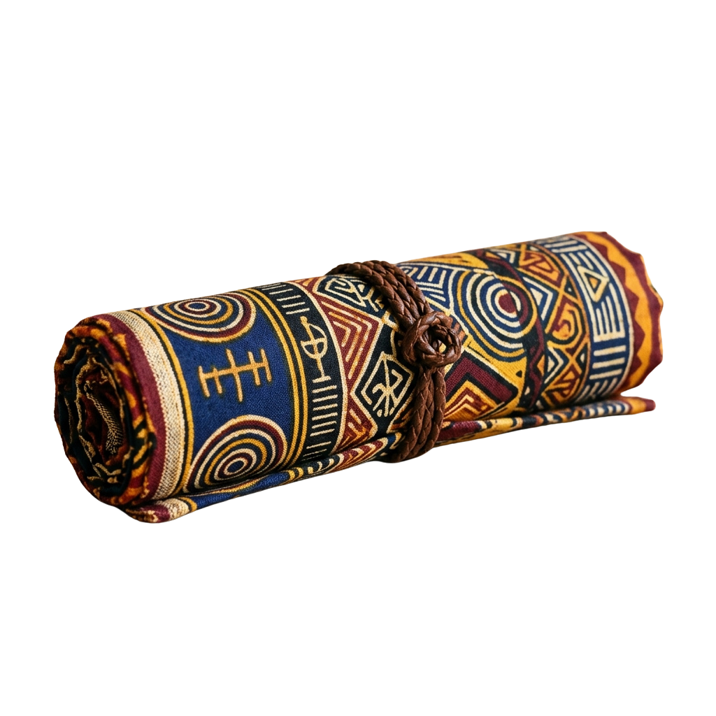 Rolled fabric with vibrant African geometric patterns and a brown tassel closure on black background