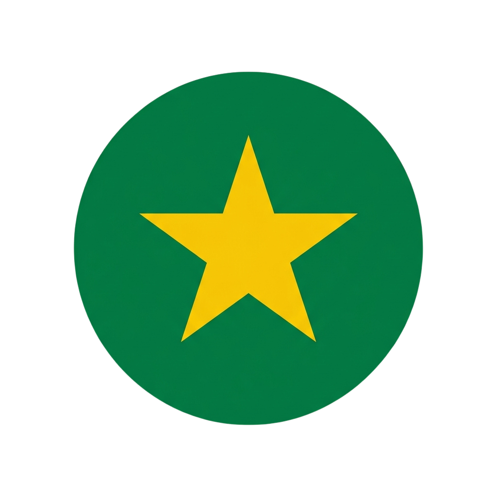 A bright yellow five-pointed star centered on a green circle against a black background
