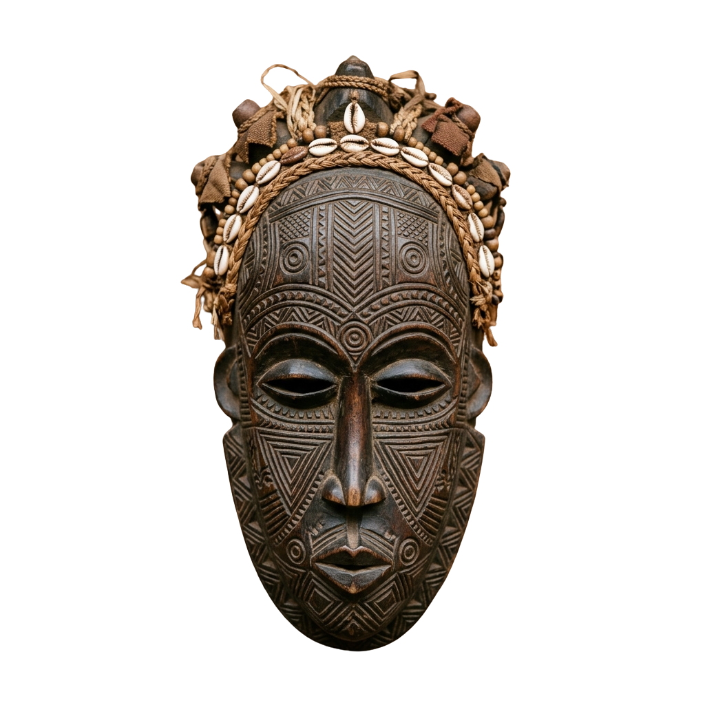 Traditional African mask with intricate carvings and a beaded headpiece.