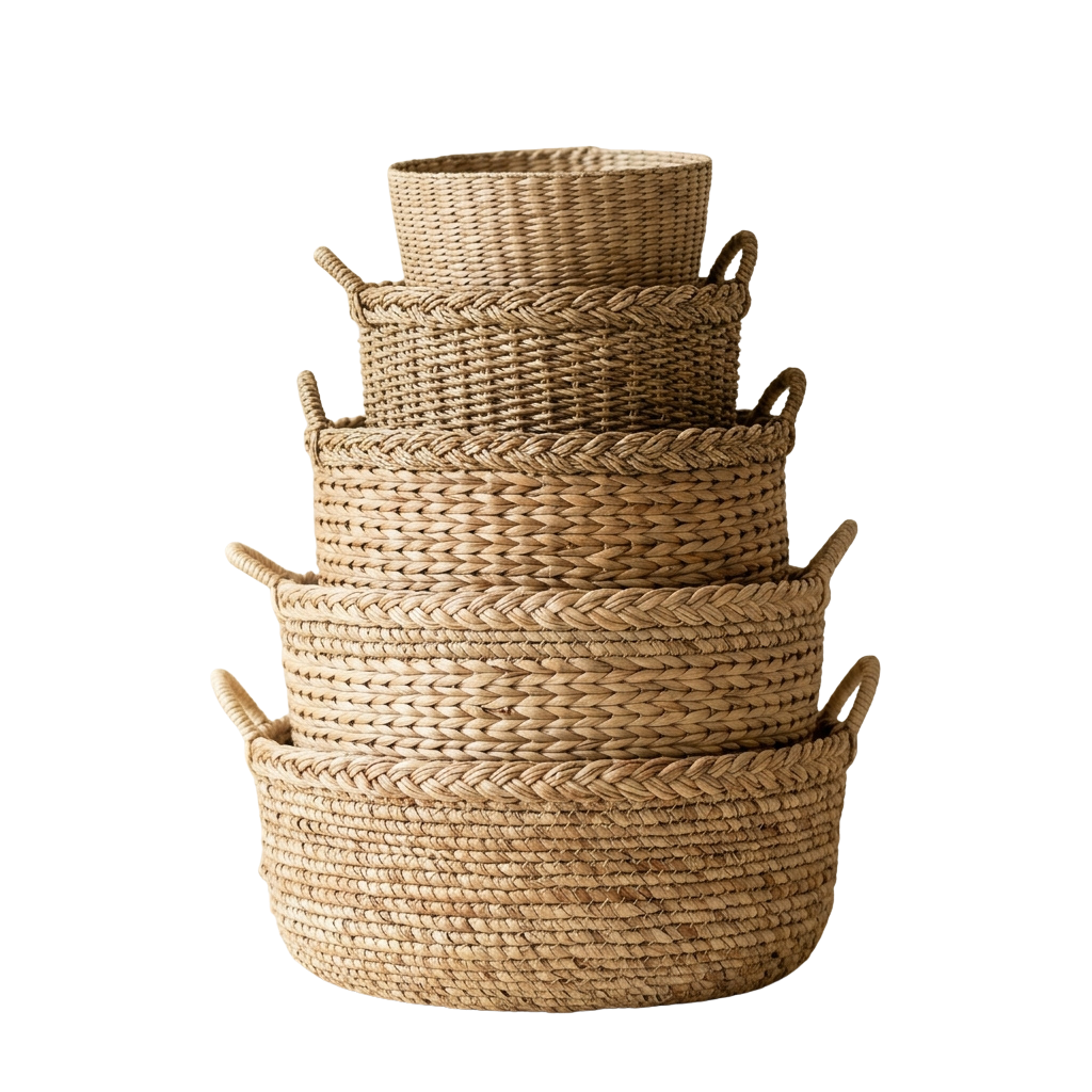 Three woven baskets stacked on top of each other with handles on each side
