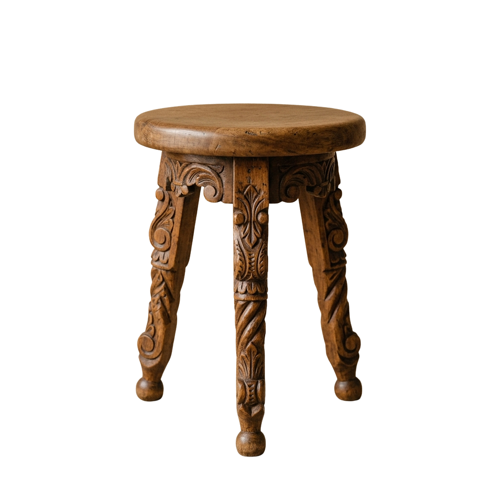 A wooden stool featuring three intricately carved legs and a round seat.