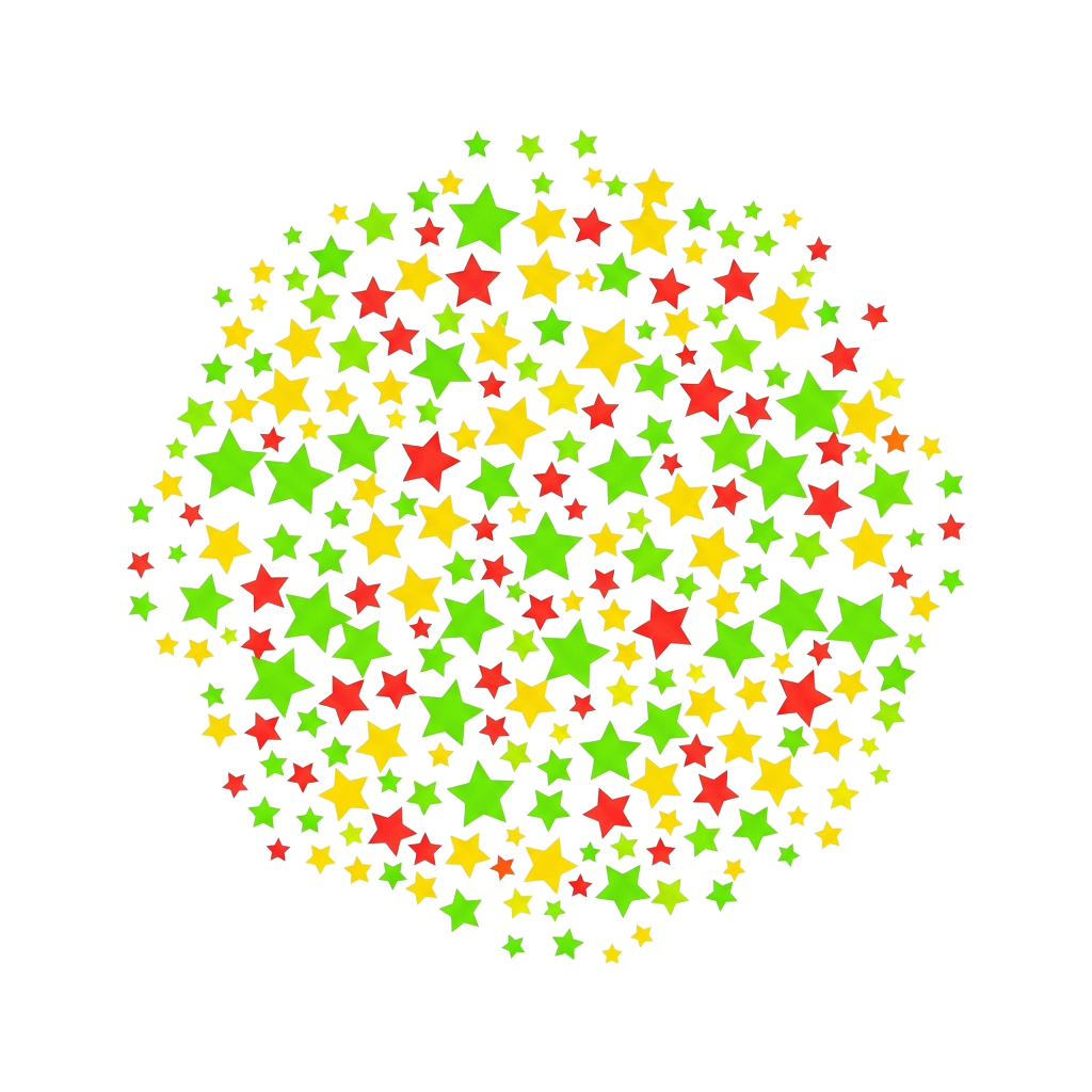 A cluster of multicolored stars in green, yellow, and red on a black background
