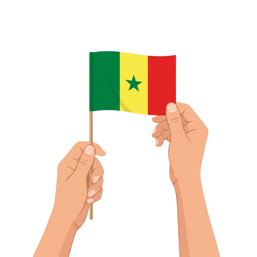 Illustration of hands holding the Senegalese flag with green, yellow, and red vertical stripes and a green star on yellow