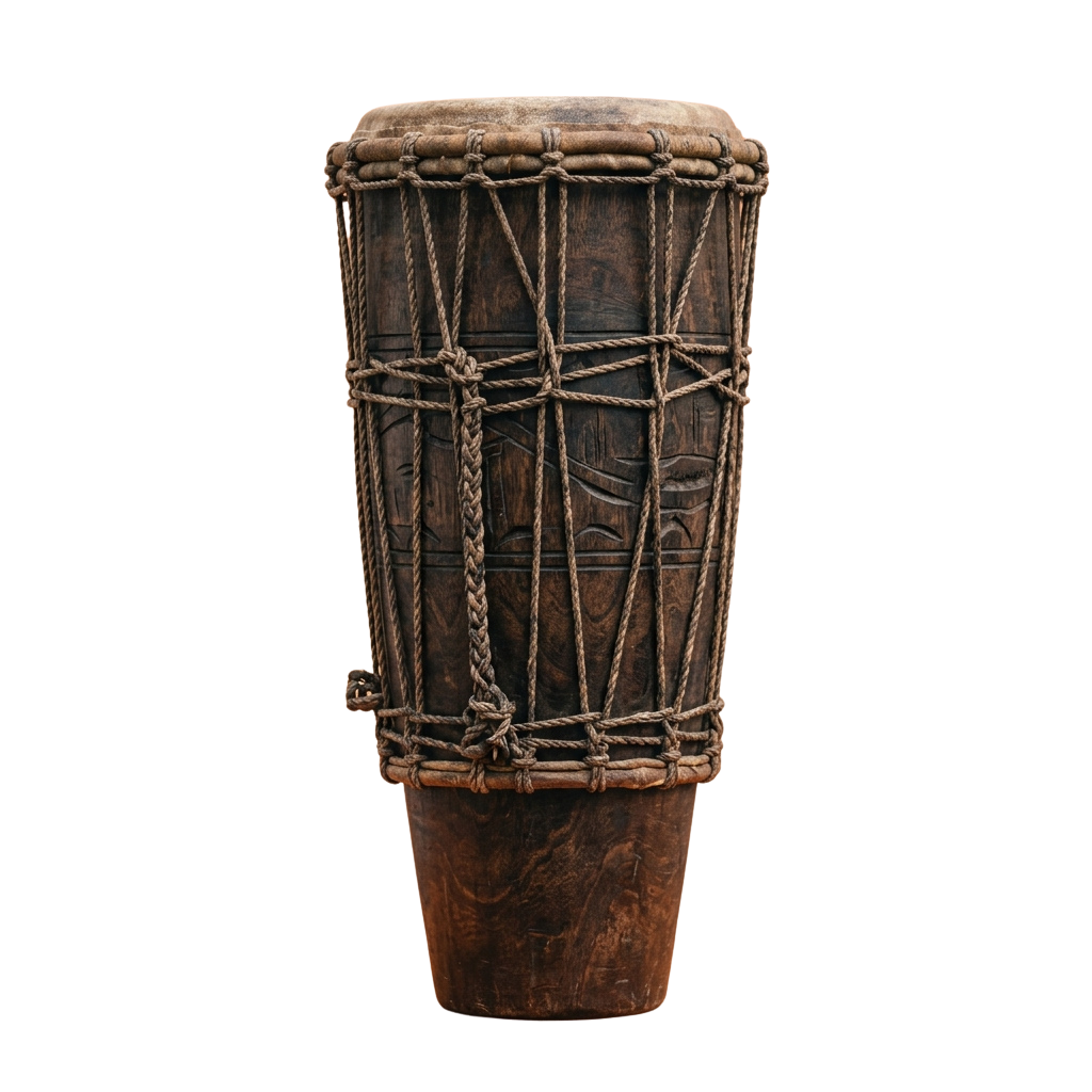 A tall wooden talking drum wrapped with intricate rope patterns and a woven net.