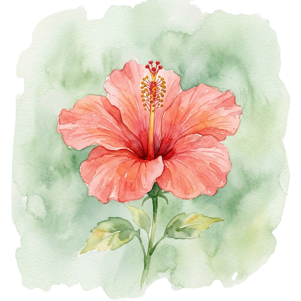 A detailed watercolor illustration of a single pink hibiscus flower with green leaves and a soft watercolor background