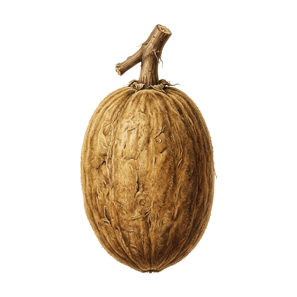 A whole brown walnut with a stem attached, viewed from the side.