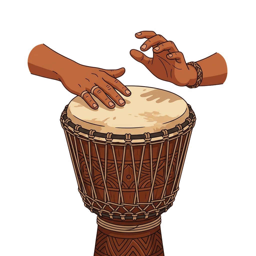 Two hands playing a hand drum with intricate woven patterns, one hand striking the drumhead while the other hovers above.