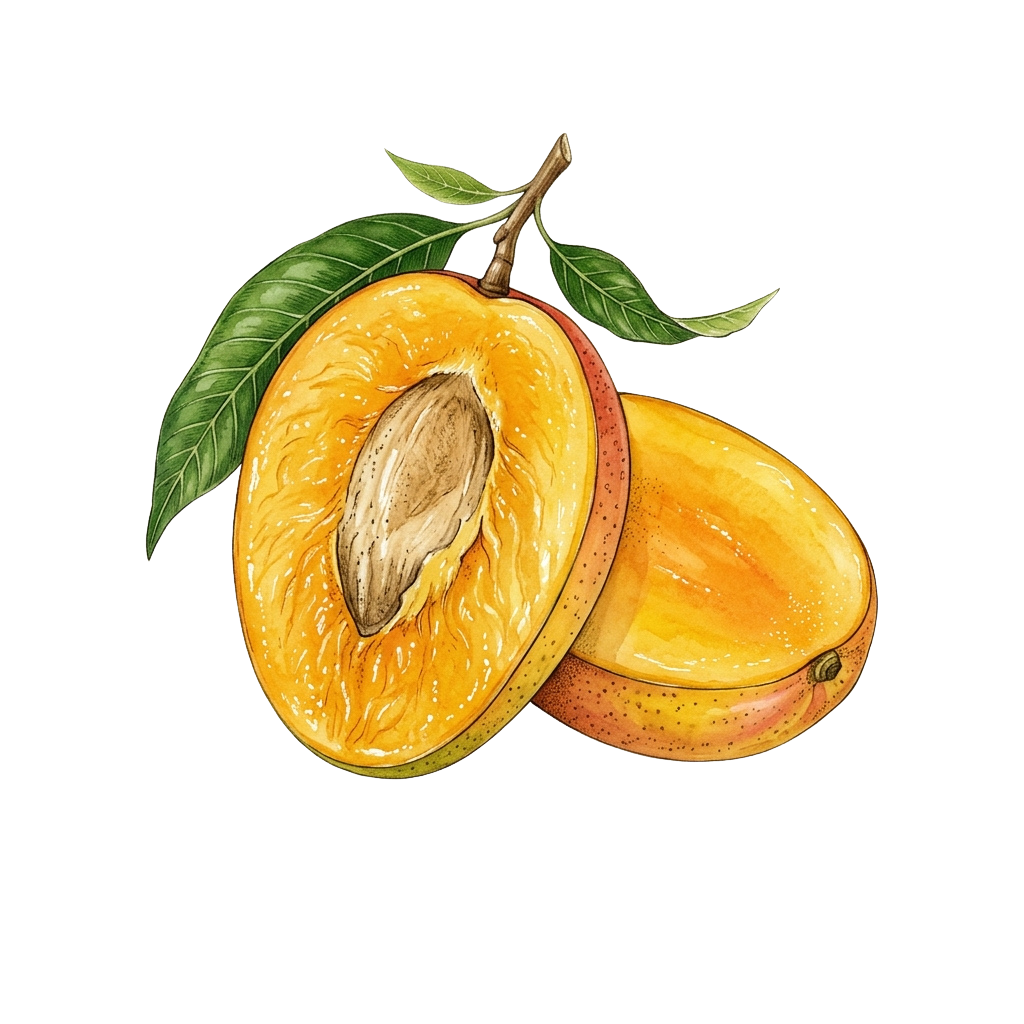 An illustration of a halved apricot fruit showing its bright orange flesh, large pit, and green leaves attached.