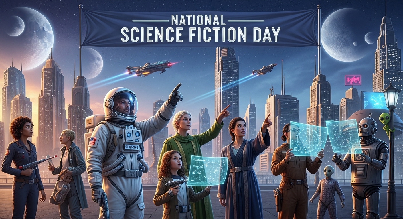 National Science Fiction Day Celebration in Futuristic City with Astronauts & Aliens - Featue Image Jan 92