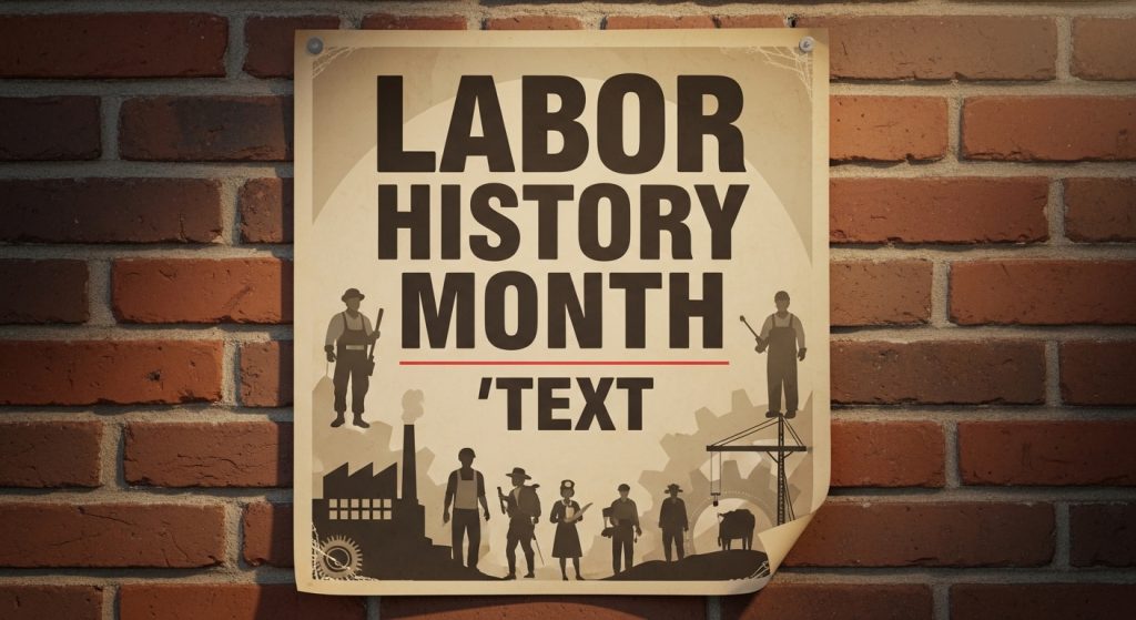 Labor History Month Poster on Brick Wall with Industrial Worker Silhouettes - Featuer Iamge May 80