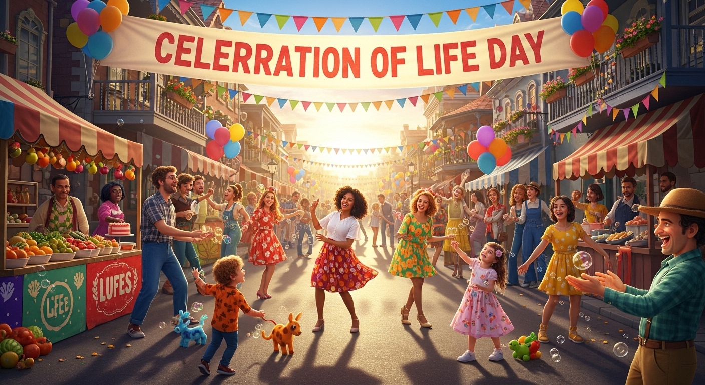 Vibrant Street Celebration of Life Day Festival with Joyful Crowd and Market Stalls - Feature Image 305