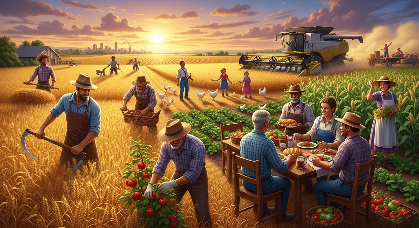 Vibrant Farm Life: Bountiful Harvest and Community Gathering at Sunset - Feature Image May 01