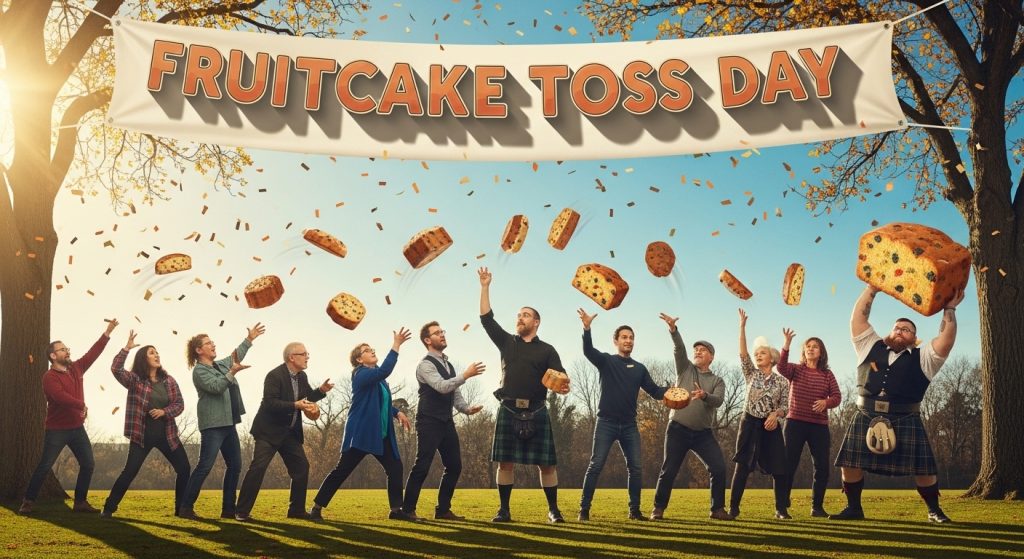 Fruitcake Toss Day Celebration in Park with Diverse Group and Flying Cakes - Feature Image Jan 100