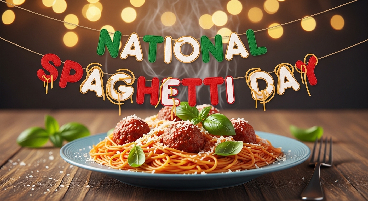 National Spaghetti Day Celebration with Hot Pasta, Meatballs, Basil, and Bokeh Lights - Feature Image Jan 108