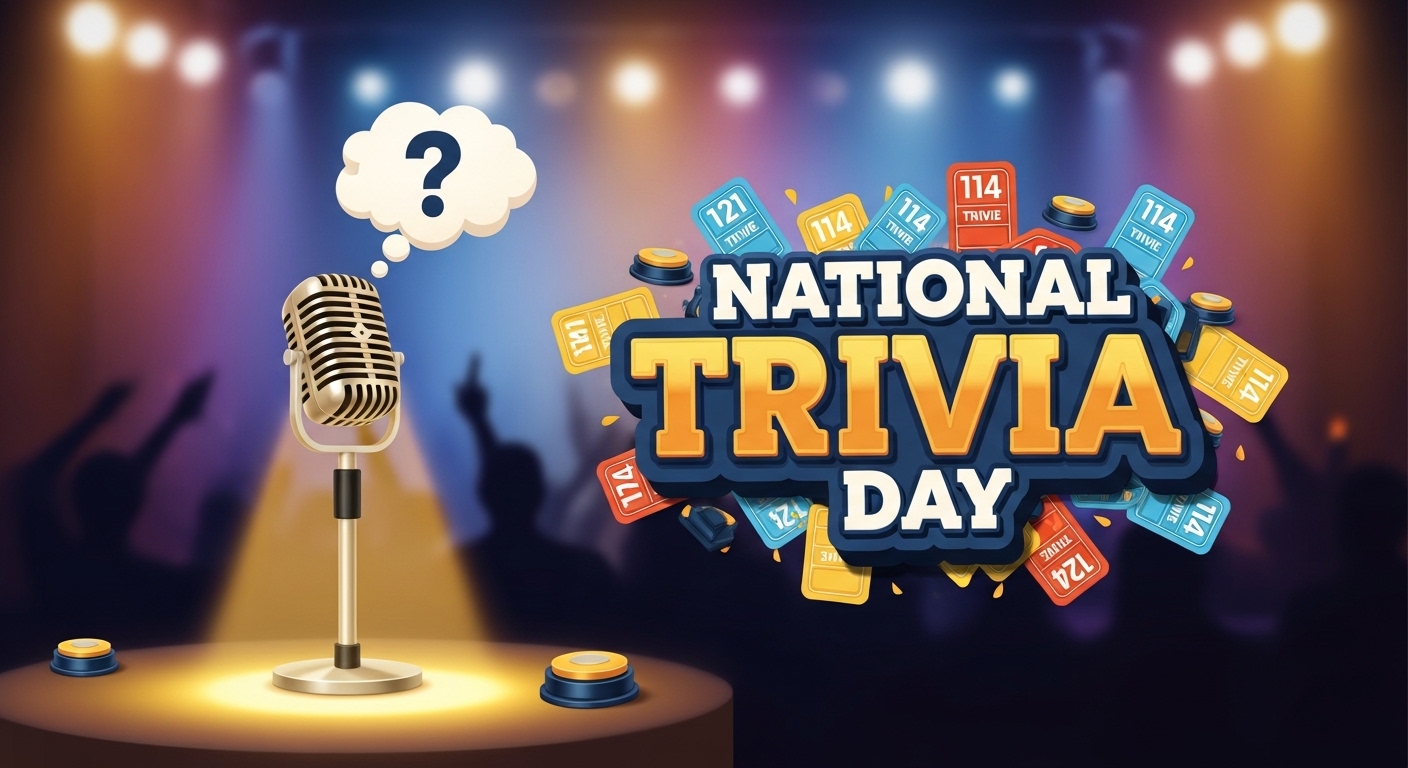 National Trivia Day: Quiz Show Stage with Retro Microphone and Question Mark - Feature Image Jan 109