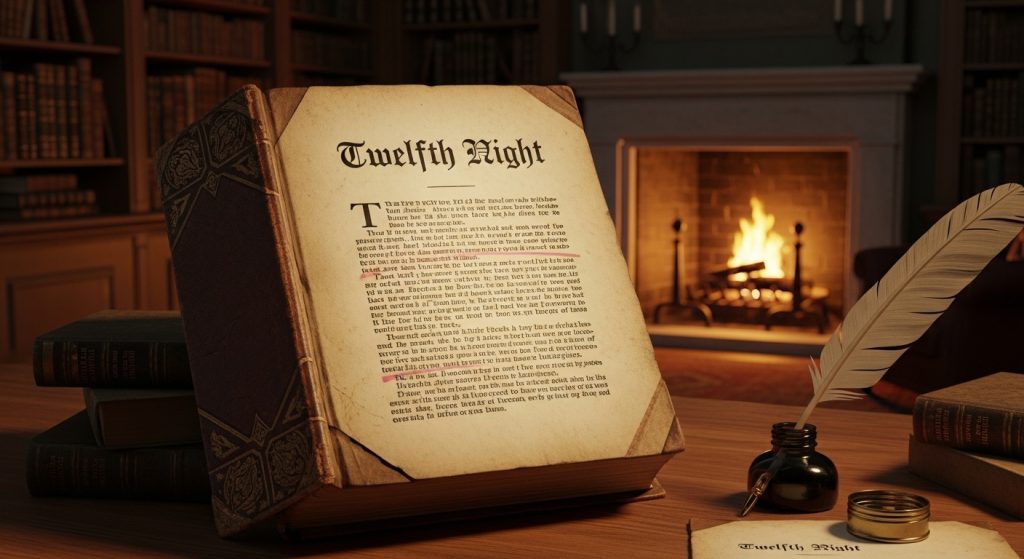 Old World Reading: Twelfth Night Book, Quill, Warm Fireplace Ambiance - Feature Image Jan 121