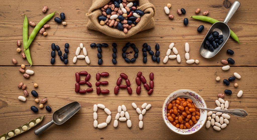National Bean Day Message Formed by Beans on Wooden Table with Cooked and Raw Legumes - Feature Image Jan 127