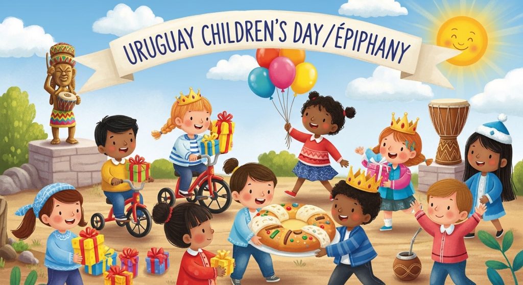 Uruguay Children's Day Epiphany. Happy Kids with Gifts, Balloons, Cake. Cultural Festivities. - Feature Image Jan 131