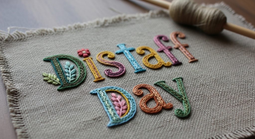 Colorful Embroidered Distaff Day Text on Rustic Fabric - Feature Image Jan 133