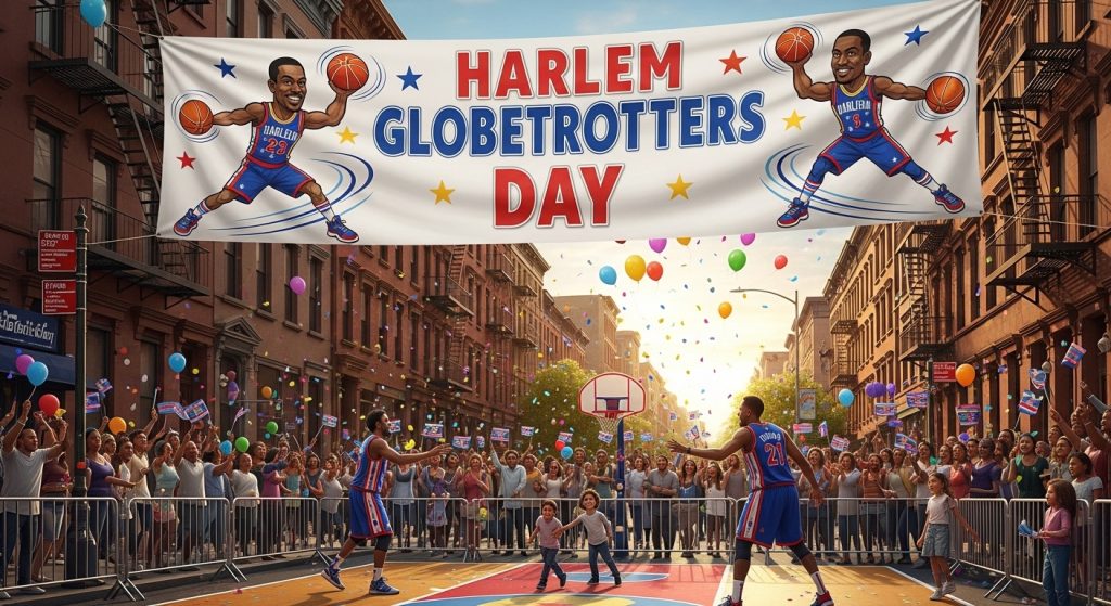 Harlem Globetrotters Day Celebration, Urban Basketball Event with Cheering Fans and Confetti - Feature Image Jan 134