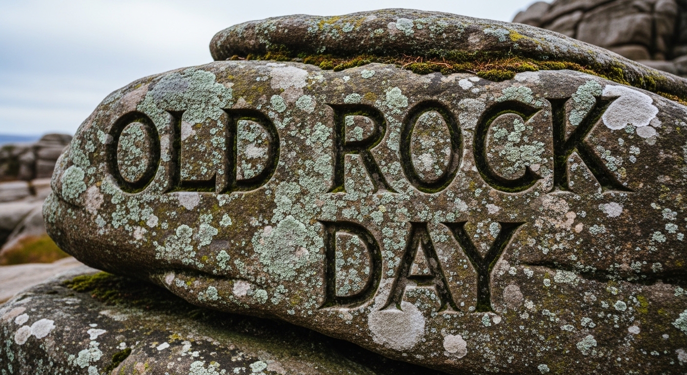OLD ROCK DAY Carved on Weathered Stone, Moss & Lichen Texture, Ancient Boulder Surface - Feature Image Jan 138