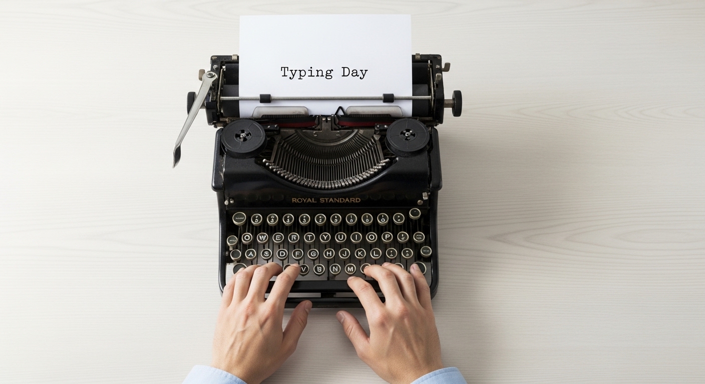 Person Typing on Classic Typewriter. Hands on Keys, "Typing Day" on Paper. - Feature Image Jan 149
