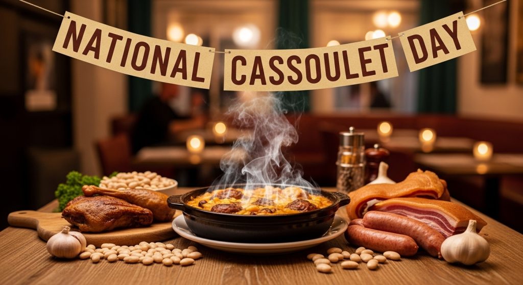 National Cassoulet Day Festive Dinner with Steaming French Stew and Ingredients - Feature Image Jan 155