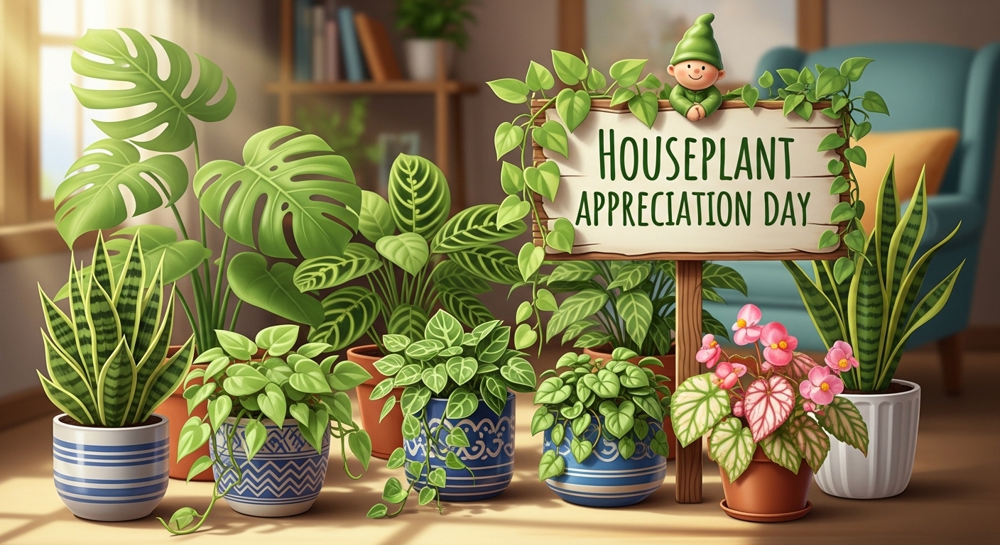 Houseplant Appreciation Day: Cheerful Gnome Among Green Potted Indoor Plants - Feature Image Jan 161