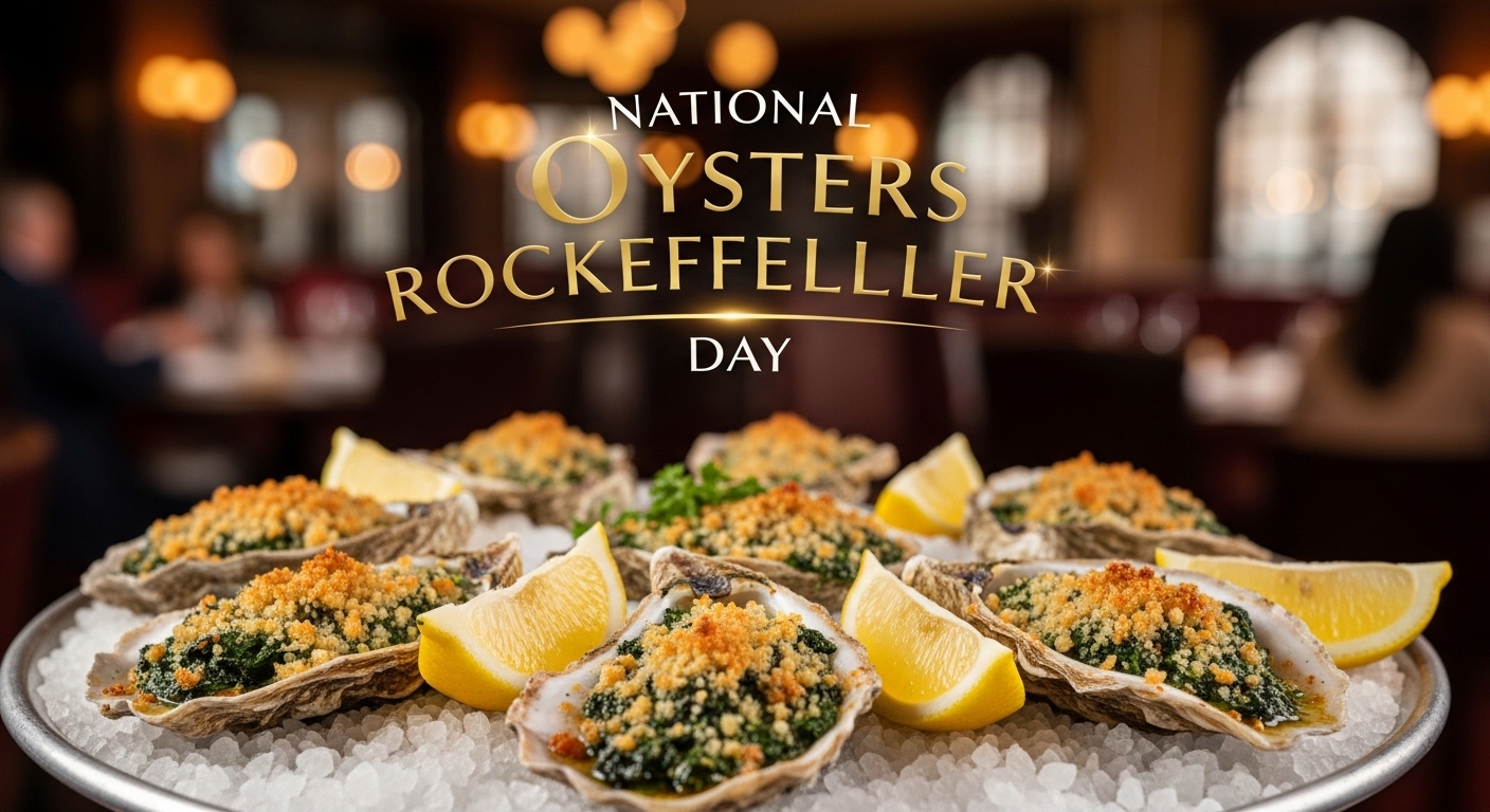 National Oysters Rockefeller Day. Elegant Seafood Appetizer Platter with Lemon in Restaurant. - Feature Image Jan 165